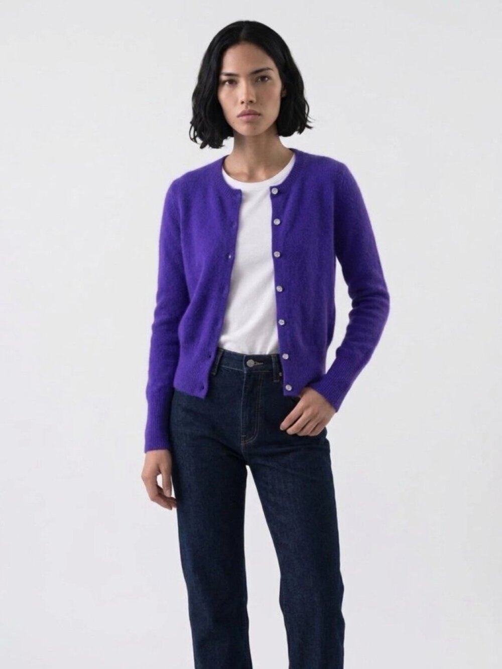 MODA INTERNATIONAL Electric Purple Angora Statement Buttons Cardigan Swea